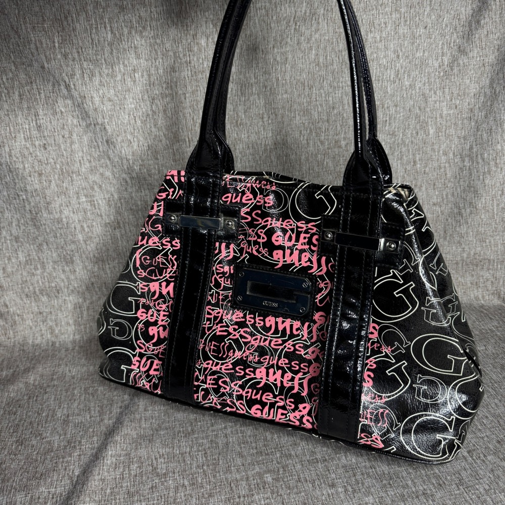 Y2K Guess Black Patent Satchel Bag Pink Script Graffiti Zebra Print Lining